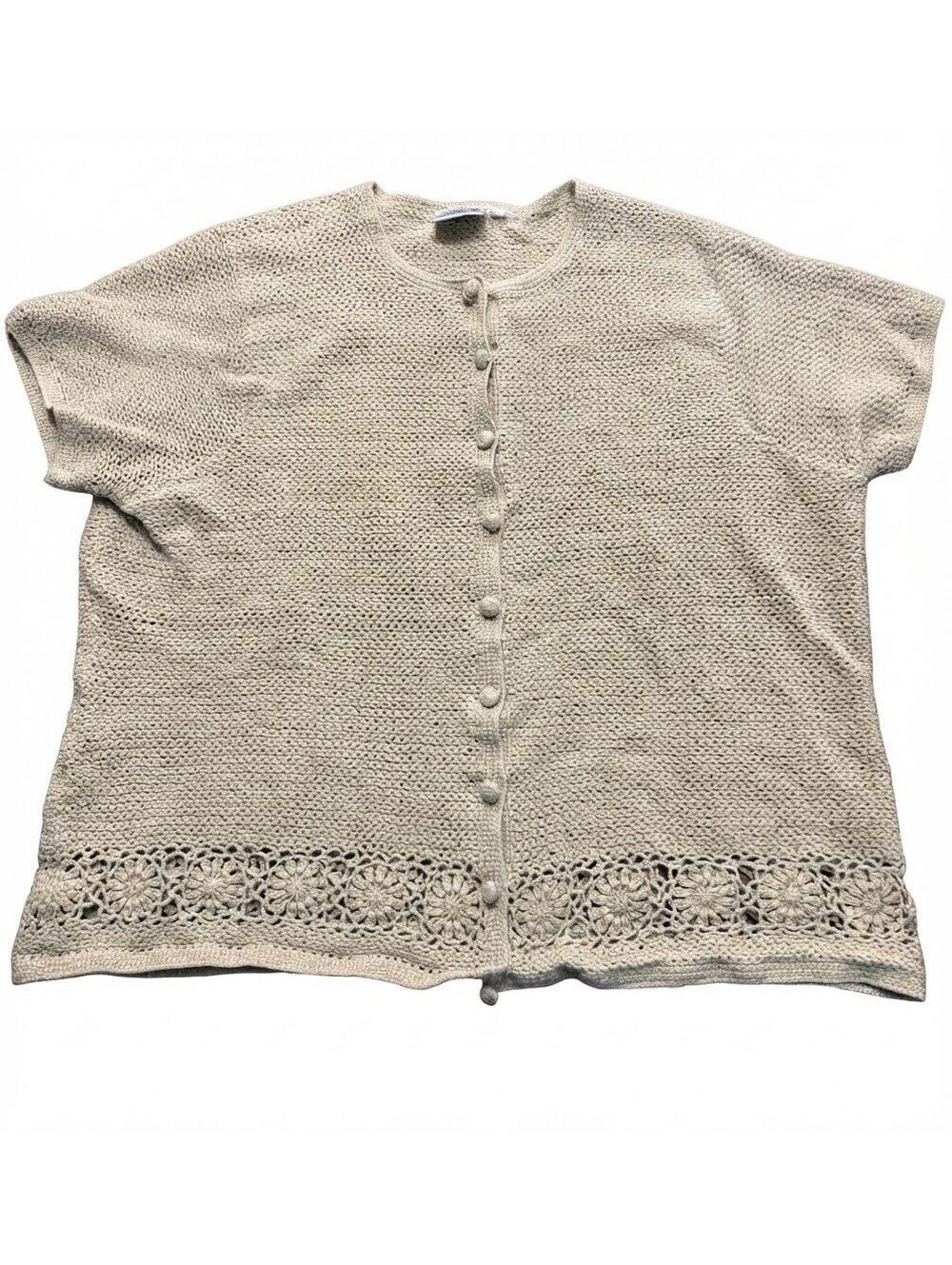 Vintage Villager Woman Crochet Hem Button-Front Cardigan Sweater Cream Size L/XL